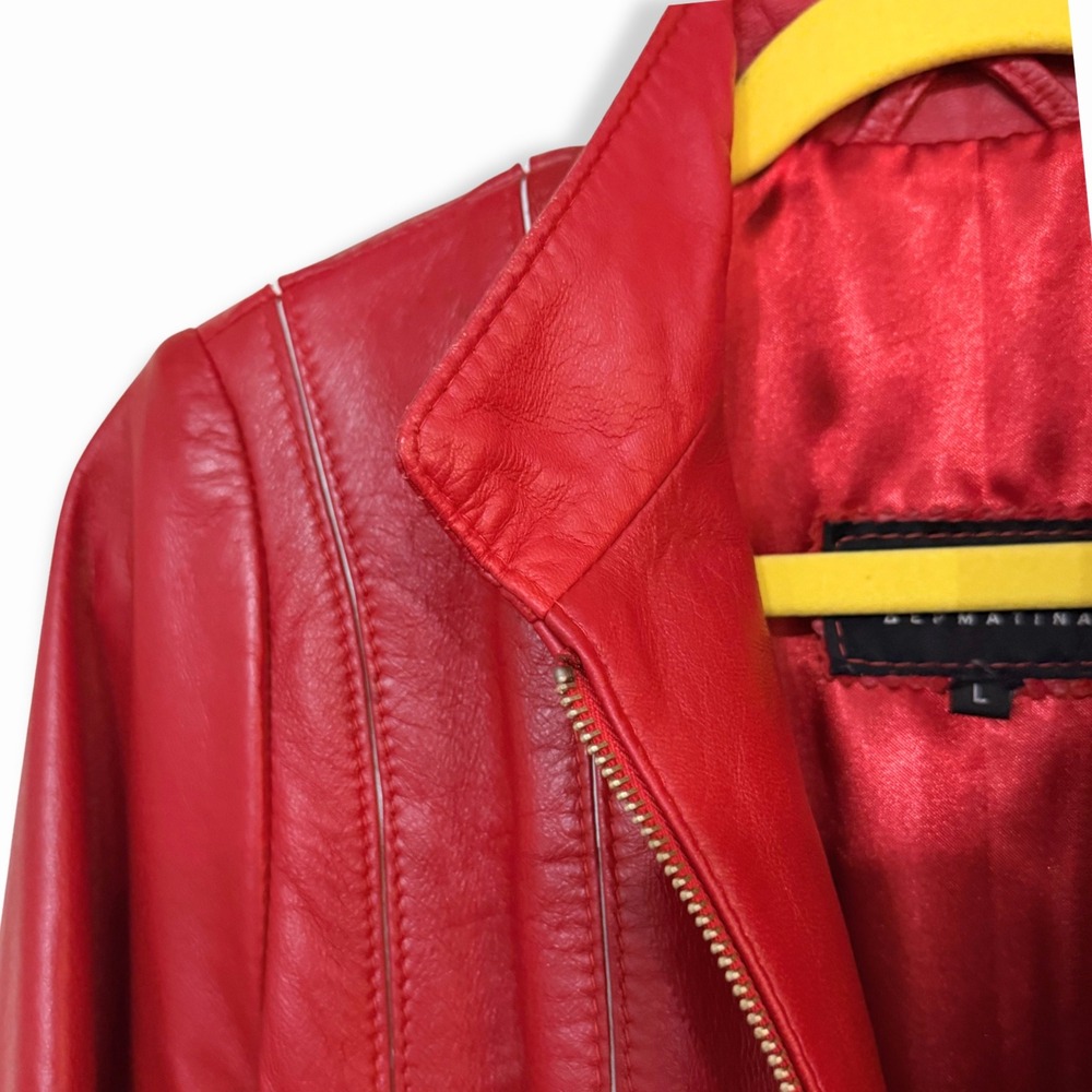 Savvidis Red Genuine Leather Jacket Womens L Handmade Greece Thriller Moto 1980s - Picture 4 of 9